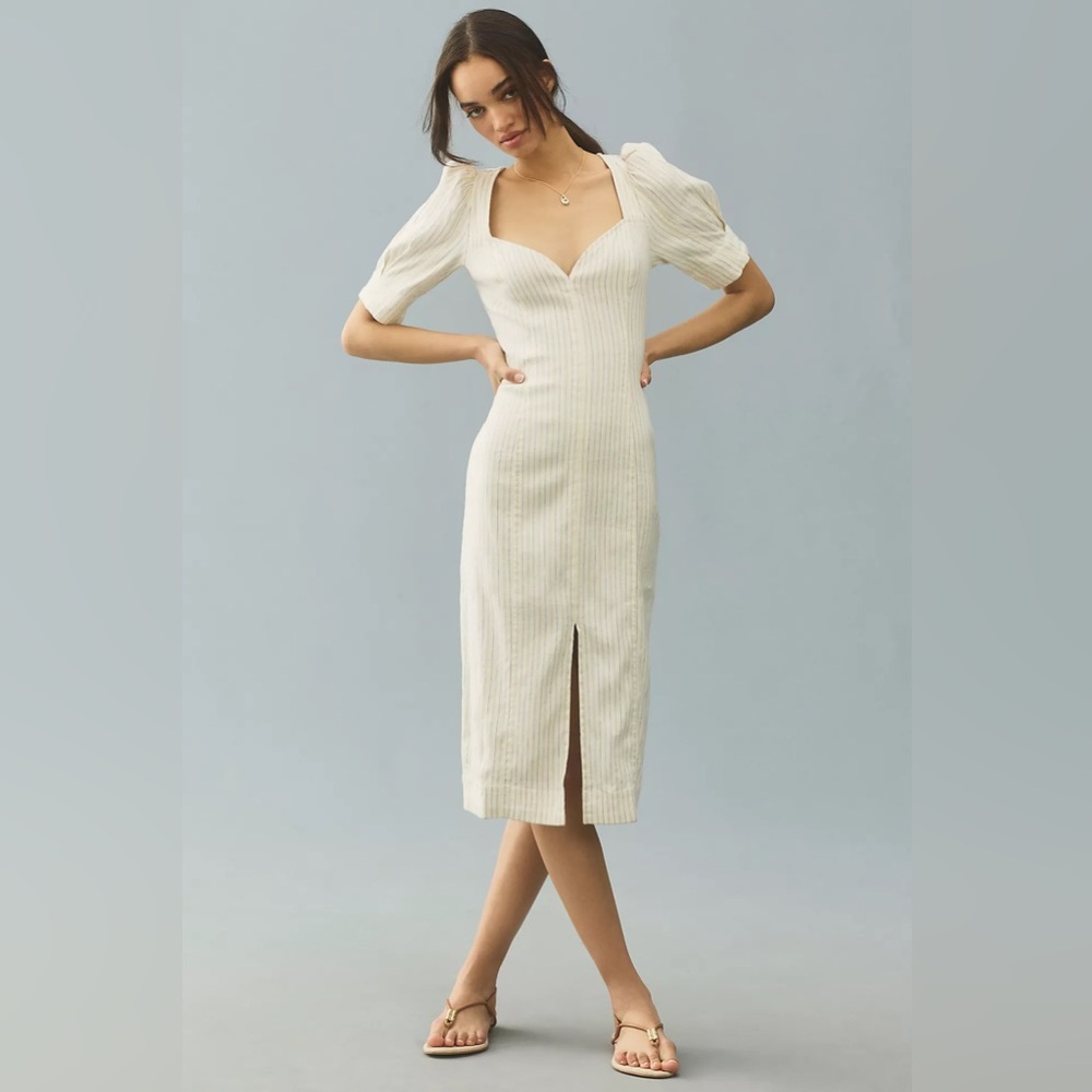Pilcro Sweetheart Zip Front Column Midi Dress M Linen Blend Cream Stripe